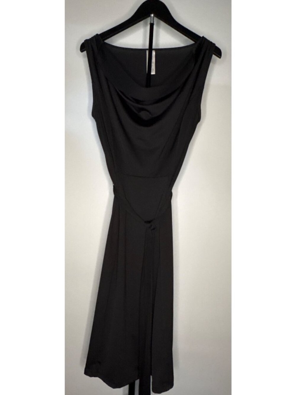 Women's Black Sleeveless Flattering Cowl Neck Midi Dress Self Tie Belt Size M - Picture 2 of 16